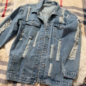 SHEIN Distressed Longline Denim Jacket